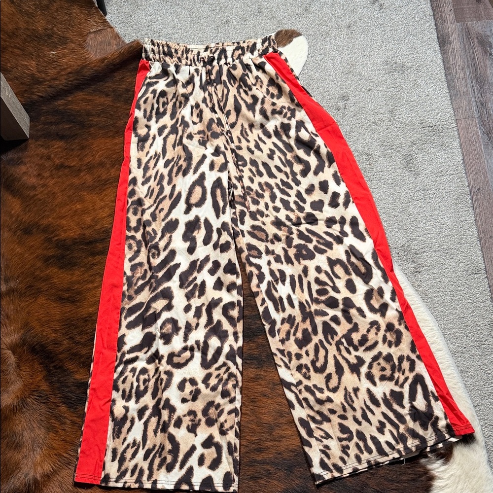 Leopard Print Wide-Leg Pants with Red Accents